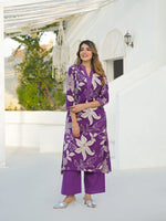 Purple V Neck A-Line Cotton Kurta Pant Sets thumbnail 1