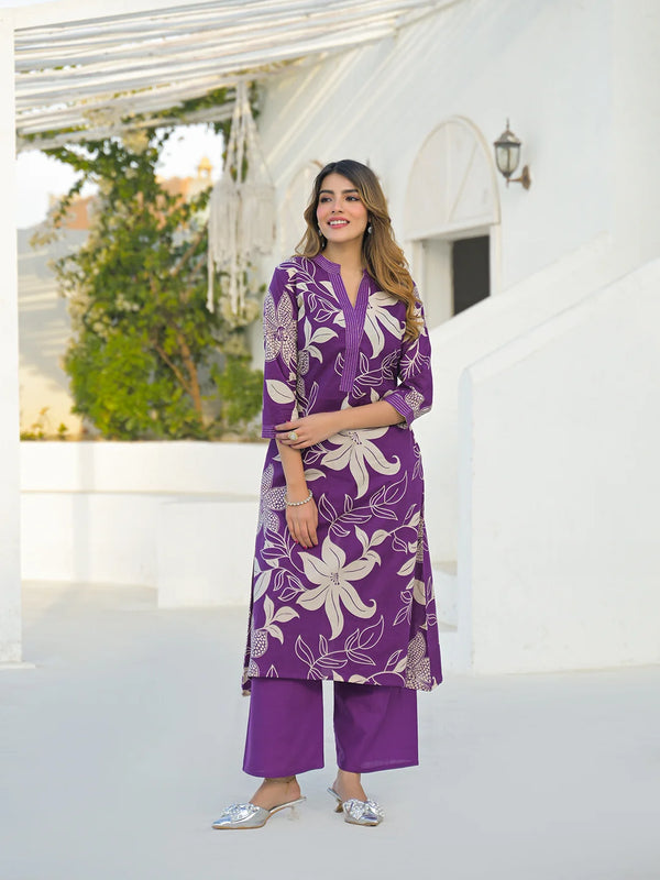 Purple V Neck A-Line Cotton Kurta Pant Sets