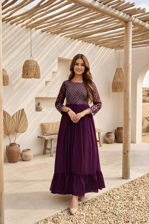 Wine Embroidered Georgette Anarkali Gown