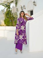 Purple V Neck A-Line Cotton Kurta Pant Sets thumbnail 2