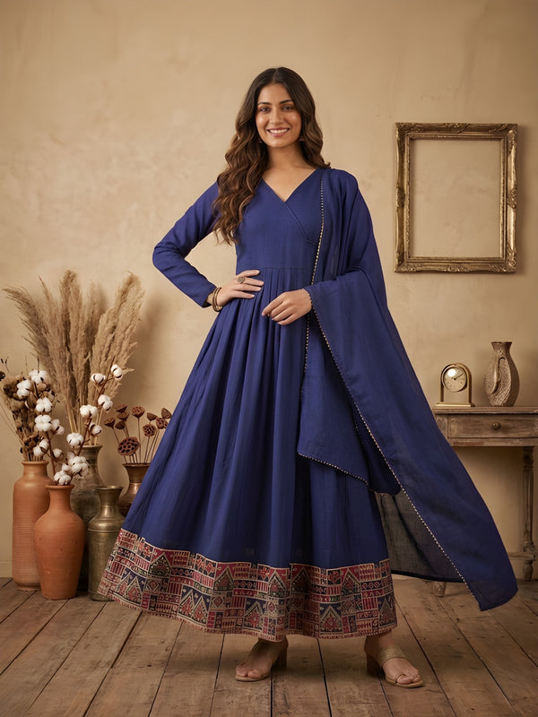 Royal Blue Angrakha Style Anarkali Kurta with Dupatta