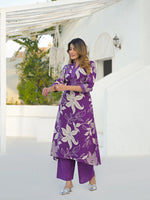 Purple V Neck A-Line Cotton Kurta Pant Sets thumbnail 5