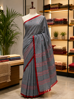 Grey with Red Border Pure Handloom cottton saree thumbnail 1