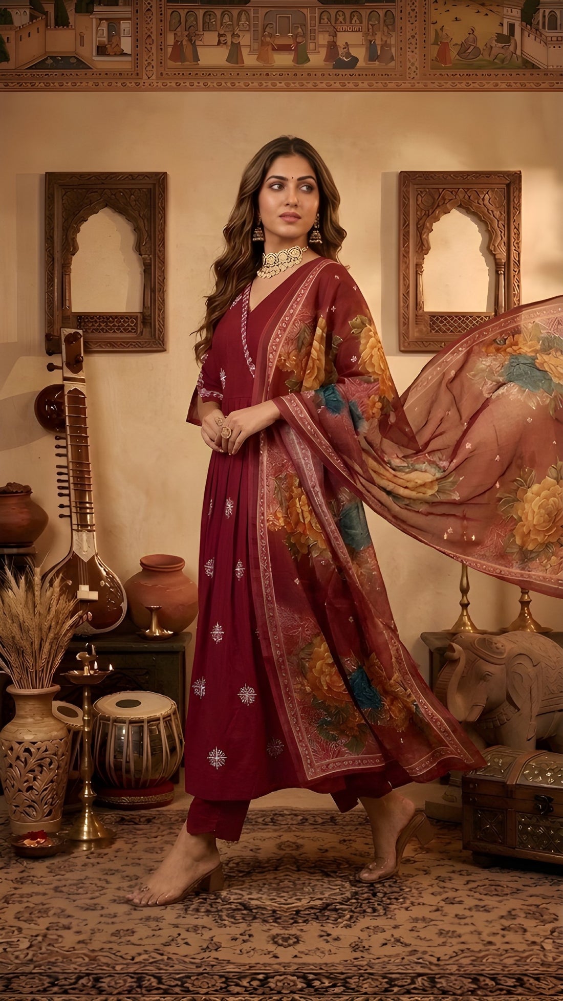 Maroon Woman Angrakha Style Anarkali Kurta set