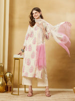 Pink Cotton Zari Work Kurta Pant Set With Dupatta thumbnail 4