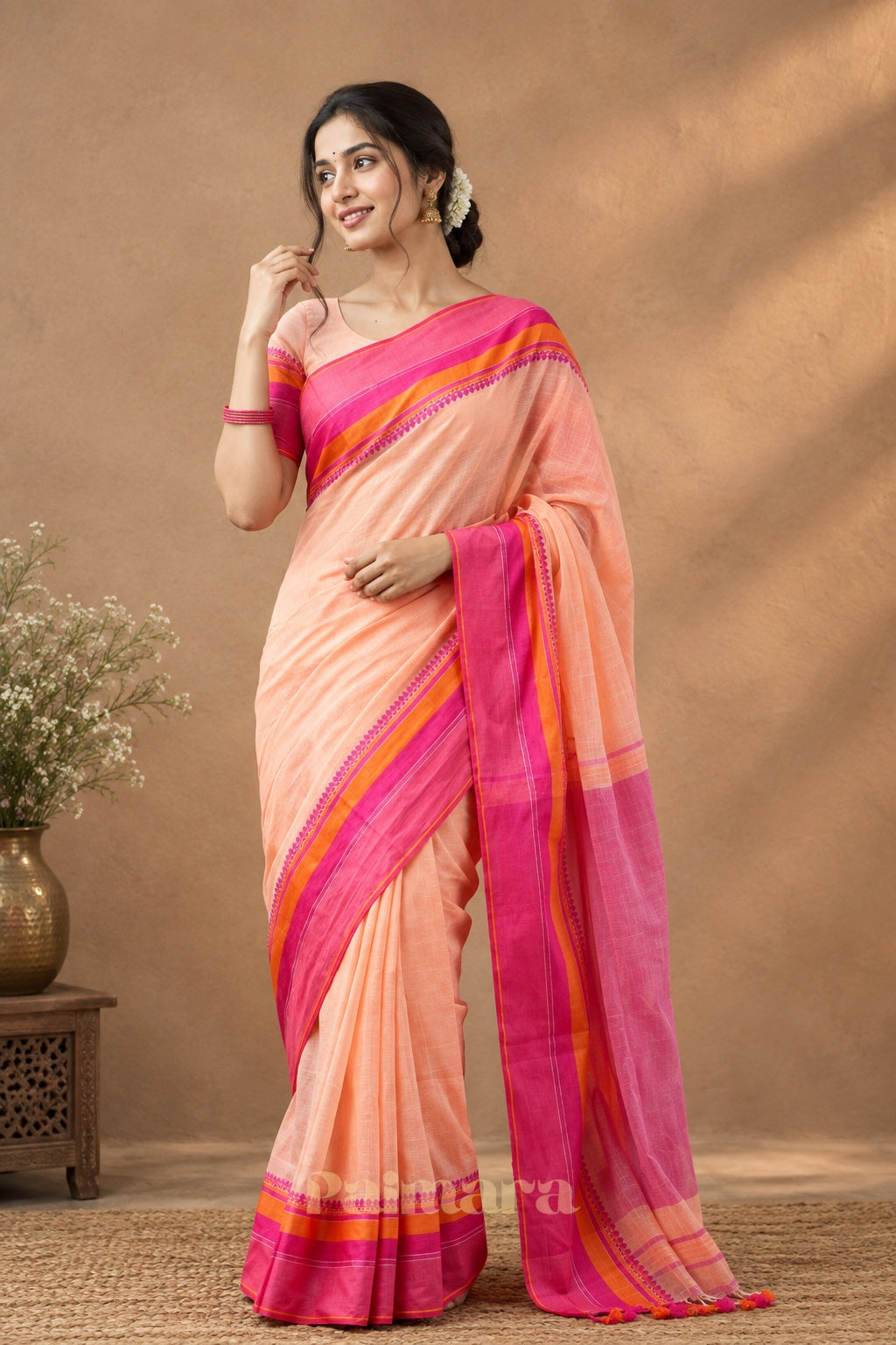 Paimara Peach Blush Bengal Pure Cotton Saree