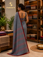 Grey with Red Border Pure Handloom cottton saree thumbnail 6