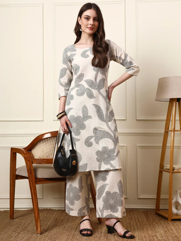 Off White Cotton Round Neck Kurta Palazzo Set