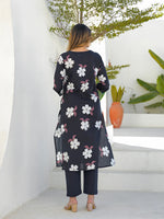 Black Round Neck Floral Cotton Straight Kurta Pant Set With Dupatta thumbnail 5