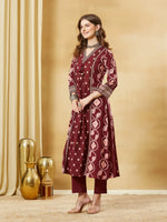Maroon Floral Print Cotton A-Line Kurta Sets With Dupatta thumbnail 4