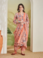 Paimara Santra Phool Orange Floral Cotton Straight Kurta Set with Dupatta thumbnail 2