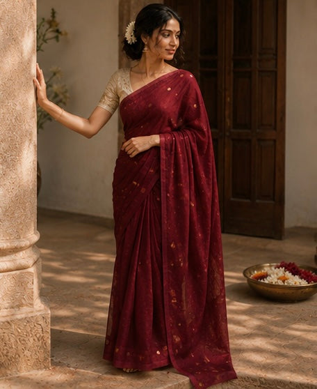 Maroon gini khadi Butti Saree with Gold Buttas
