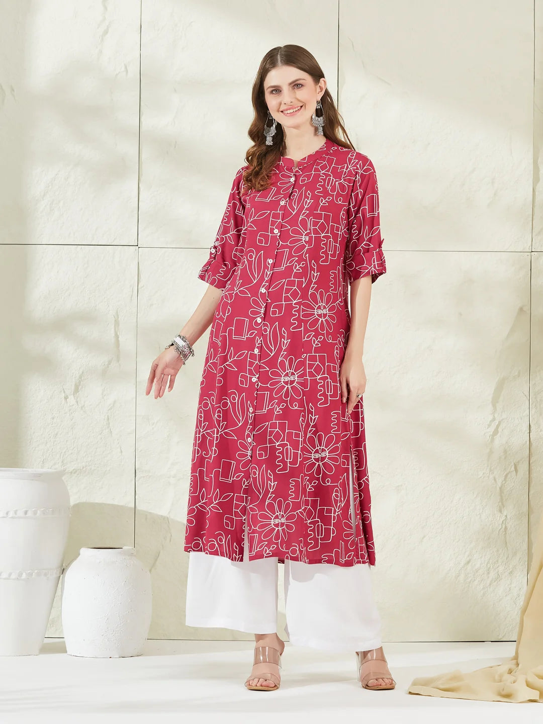 Pink Rayon A-Line Kurta