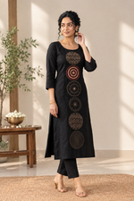 Black Chakra Embroidered Cotton Kurthi Co-ord Set thumbnail 2
