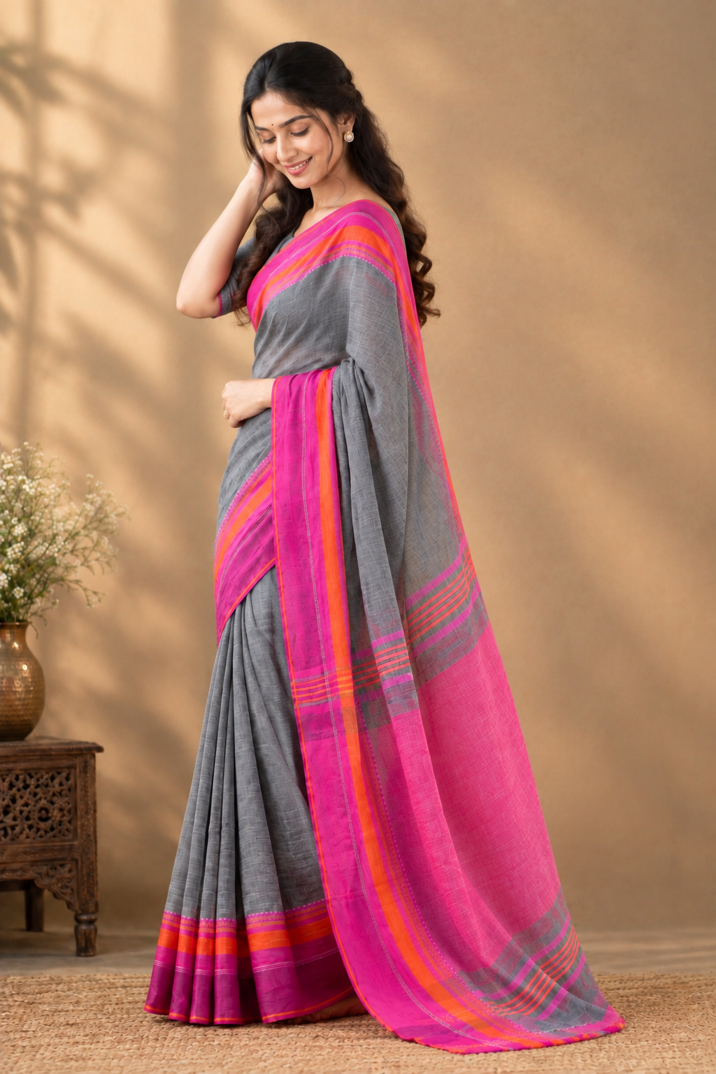 Paimara Stone Grey Bengal Pure Cotton Saree