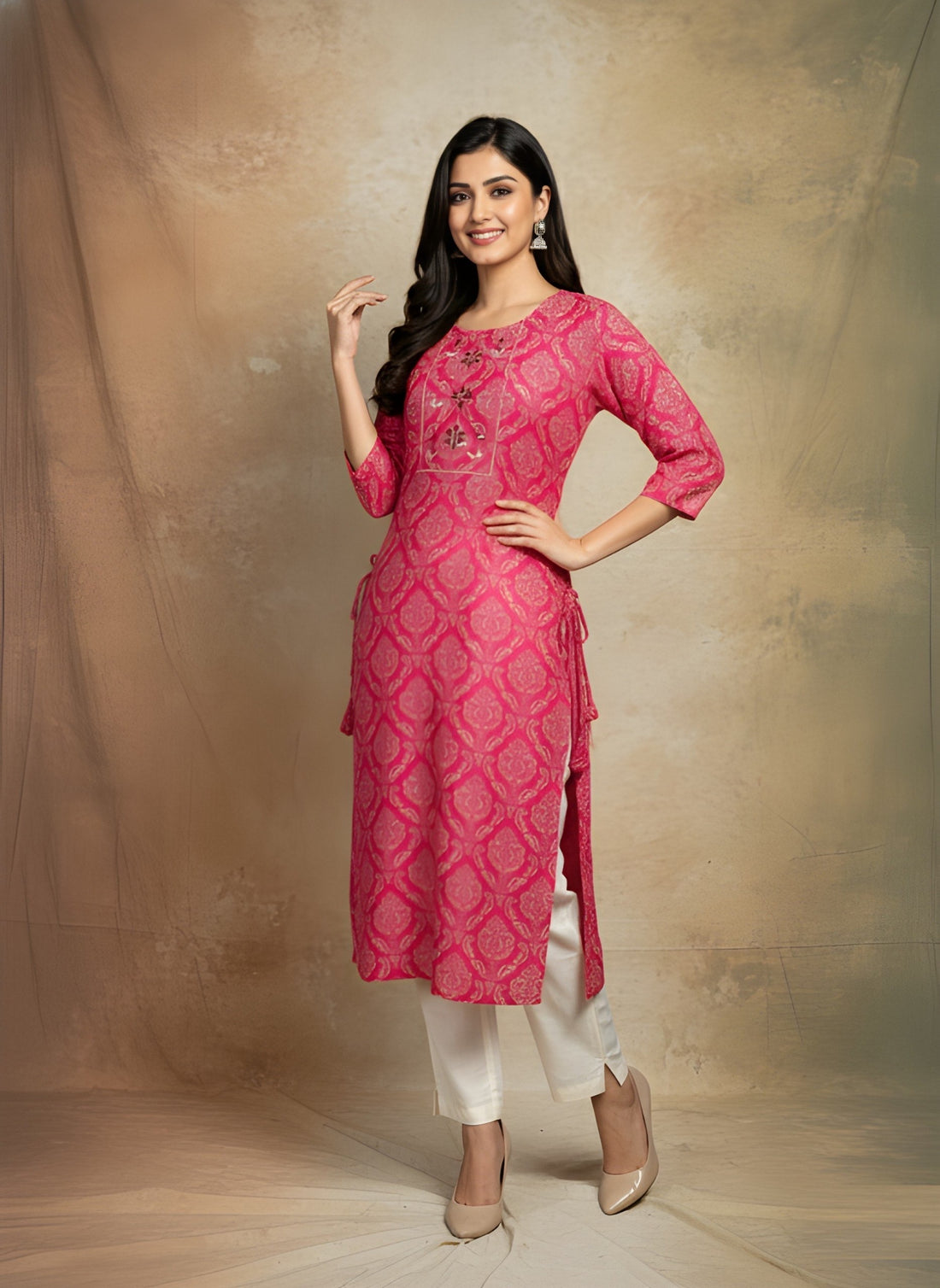 Paimara Rani Pink Printed Straight Cotton Kurti top