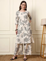 Off White Cotton Round Neck Kurta Palazzo Set thumbnail 5