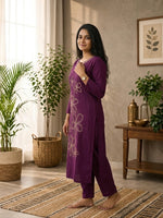 Paimara Plum Purple Floral Embroidery Dabu Cotton Co-ord Set with Pocket thumbnail 5