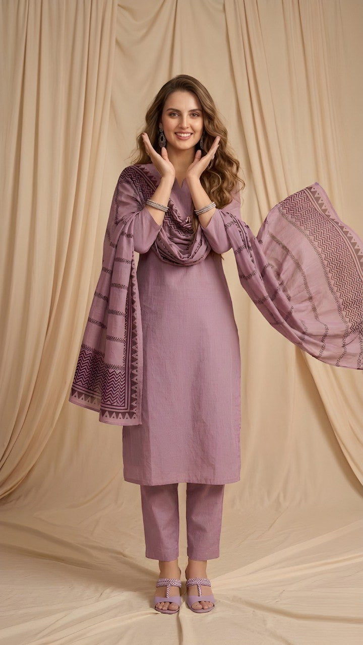 Pink Cotton Straight Kurta-Pant & Dupatta Set