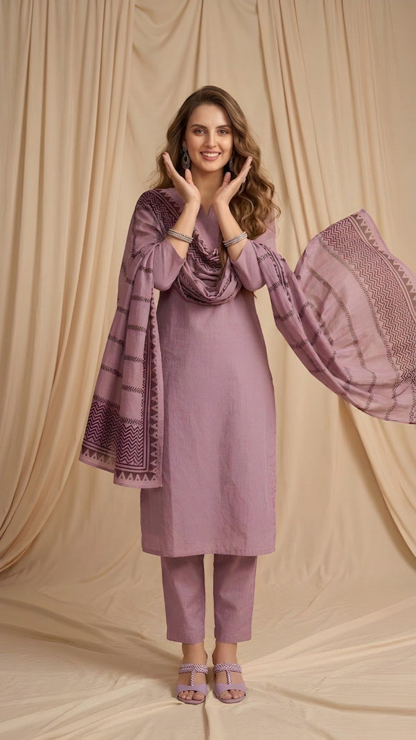 Pink Cotton Straight Kurta-Pant & Dupatta Set