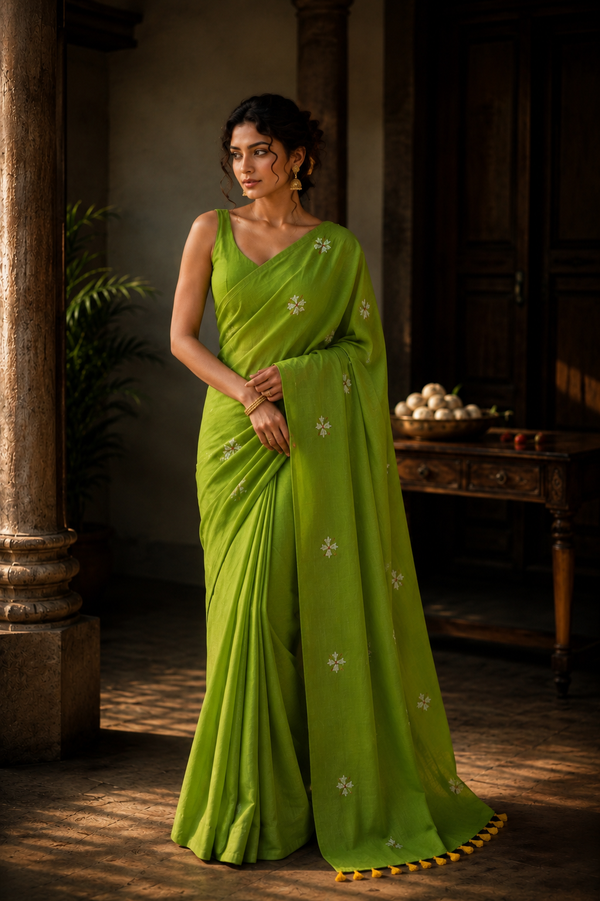 EXCLUSIVE  Lime Green KHADI EMBROIDERY SAREE