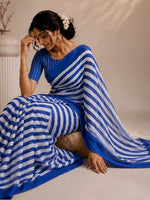 Blue stripes chinnon saree thumbnail 4