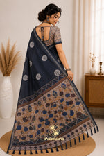 Navy blue cotton Linen saree thumbnail 2