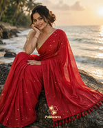 Red mul cotton butti saree with golden dot buttas thumbnail 3
