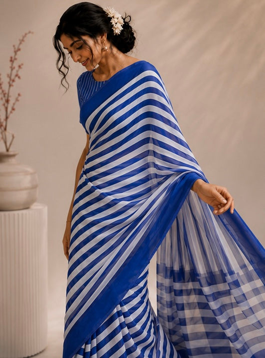 Blue stripes chinnon saree