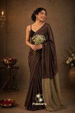 Coffee Brown khadi cotton saree thumbnail 4