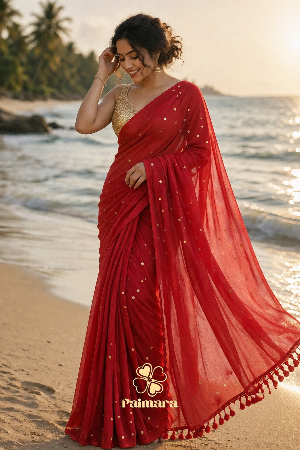 Red mul cotton butti saree with golden dot buttas