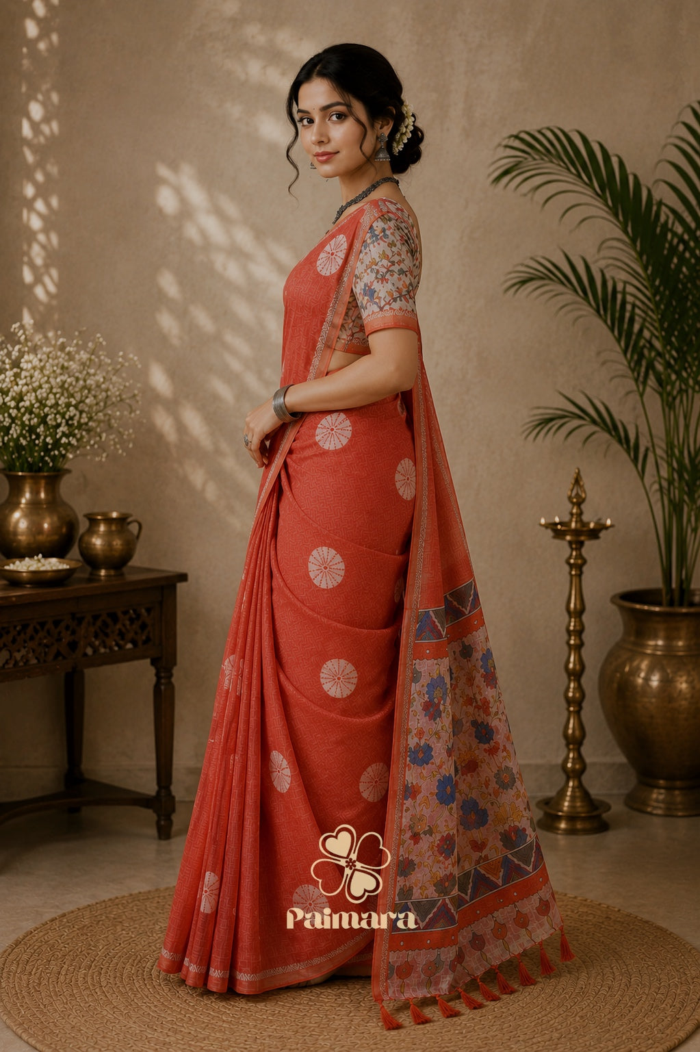Sinduri Orange cotton Linen saree