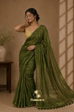 Olive Green gini khadi butti saree with gold buttas thumbnail 2
