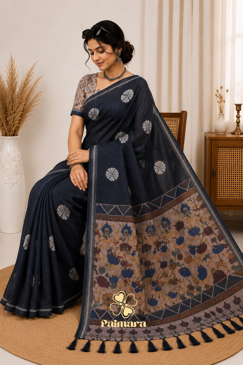 Navy blue cotton Linen saree