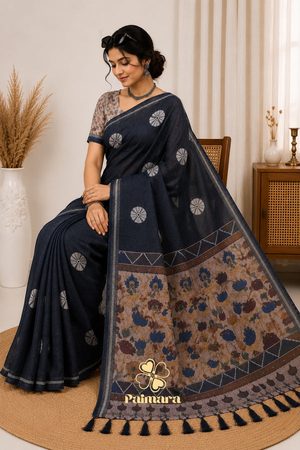 Navy blue cotton Linen saree
