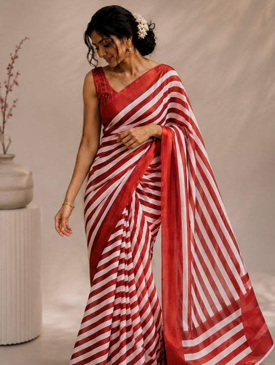 Red stripes chinnon saree