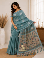 Sky blue cotton Linen saree thumbnail 5