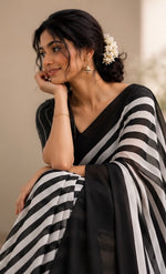 Black stripes chinnon saree thumbnail 3