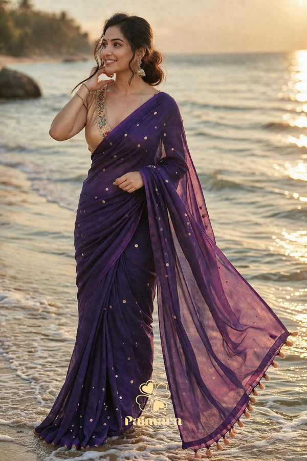 Purple gini khadi butti saree with gold buttas