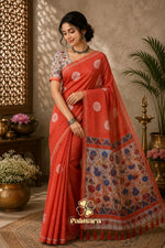 Sinduri Orange cotton Linen saree thumbnail 5
