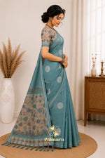 Sky blue cotton Linen saree thumbnail 1