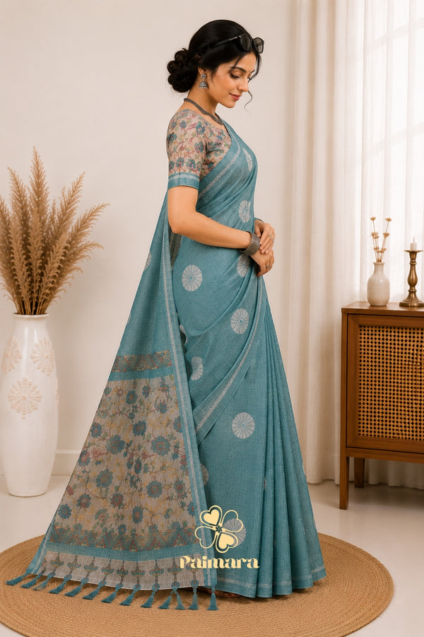 Sky blue cotton Linen saree