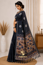 Navy blue cotton Linen saree thumbnail 4