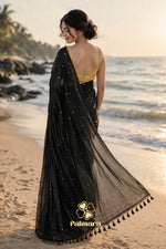 Black mul cotton butti saree with golden buttas thumbnail 2