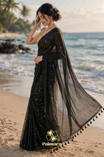 Black mul cotton butti saree with golden buttas thumbnail 3