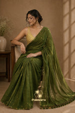 Olive Green gini khadi butti saree with gold buttas thumbnail 3
