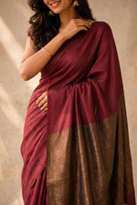 Maroon  khadi cotton saree thumbnail 2