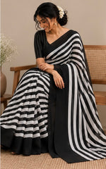 Black stripes chinnon saree thumbnail 1