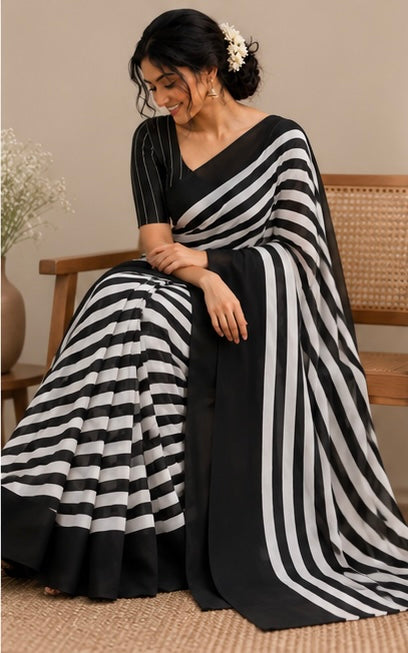 Black stripes chinnon saree