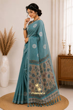 Sky blue cotton Linen saree thumbnail 2